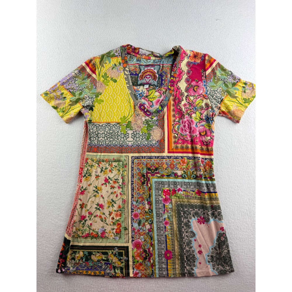 Johnny Was Womens XXS Patchwork Floral V-Neck Short Sleeve Top Multicolor Boho